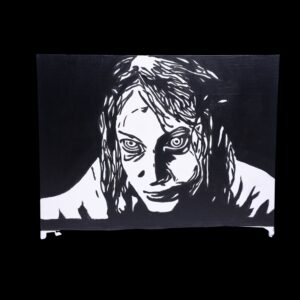 Alyssa Sutherland Evil Dead Painting. The painting is painted with Amsterdam acrylic paints. The painting is a flat panel canvas which can be hung with command strips, adhesive hooks, or framed.