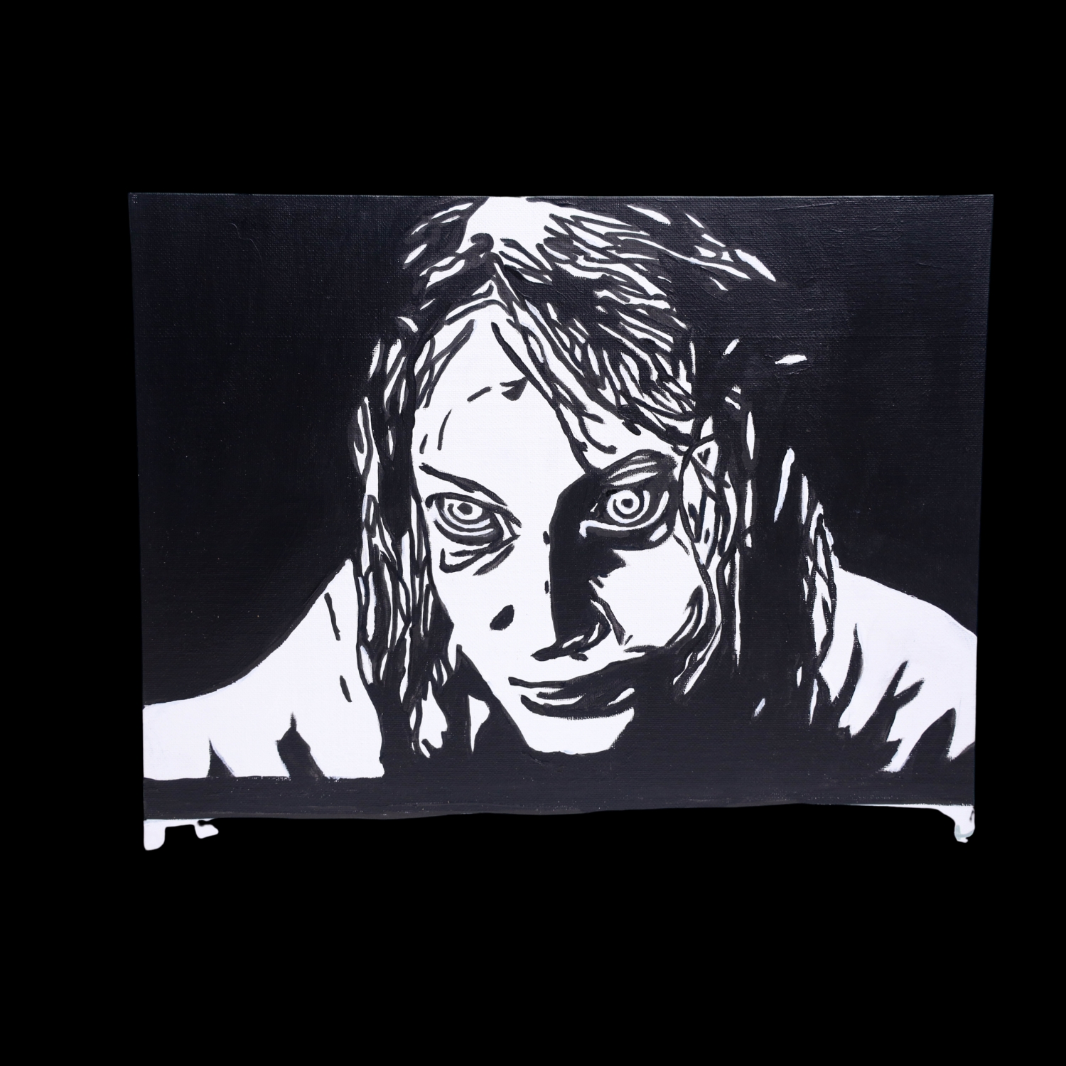 Alyssa Sutherland Evil Dead Painting. The painting is painted with Amsterdam acrylic paints. The painting is a flat panel canvas which can be hung with command strips, adhesive hooks, or framed.