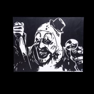 Terrifier Art Painting. The painting is painted with Amsterdam acrylic paints. The painting is a flat panel canvas which can be hung with command strips, adhesive hooks, or framed.