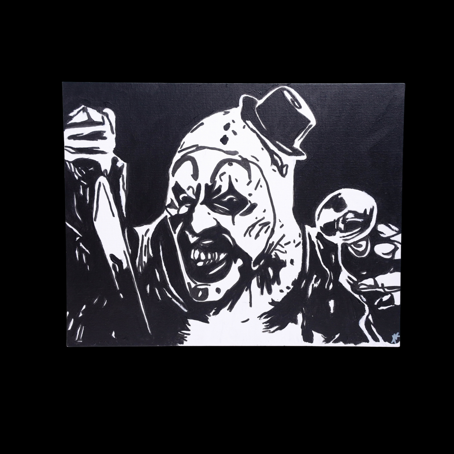 Terrifier Art Painting. The painting is painted with Amsterdam acrylic paints. The painting is a flat panel canvas which can be hung with command strips, adhesive hooks, or framed.